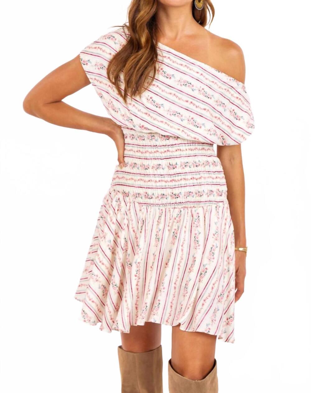NEW SAGE THE LABEL rosebud smocked mini dress in pink multi